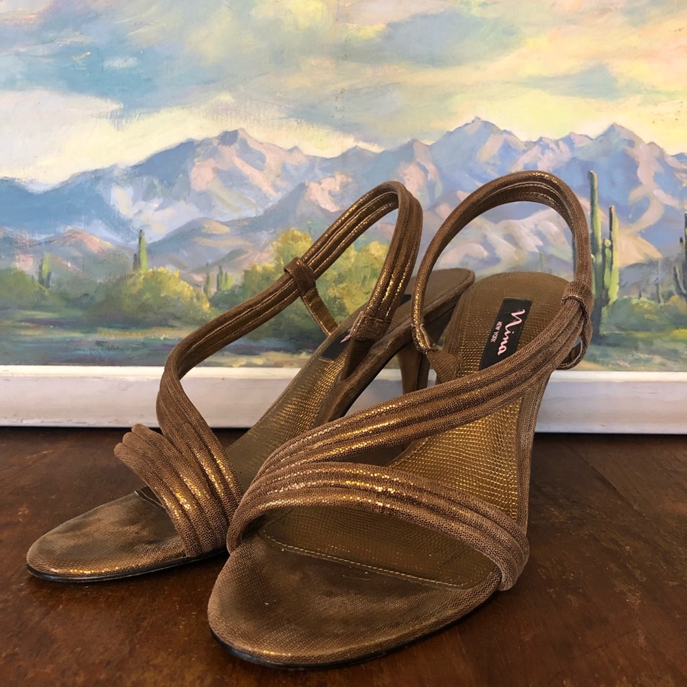 Bronze Nina goddess sandals in size 9.5